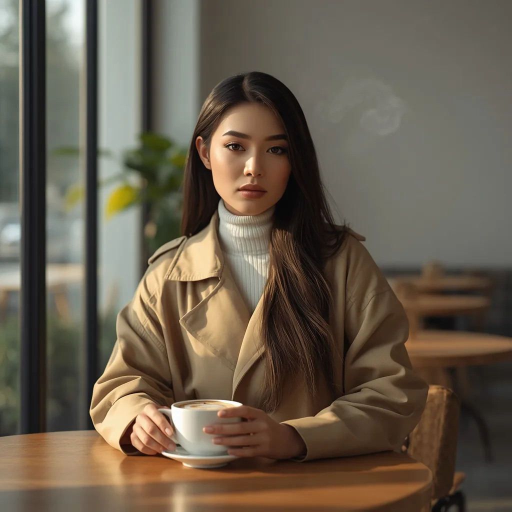A Beautiful Woman's Serene Portrait in a Minimalist Cafe – AI prompt example