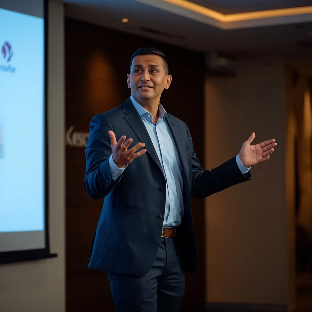 A Charismatic Indian Man Giving a Business Presentation with Confidence – AI prompt example