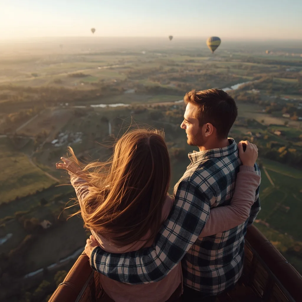 A Couple's Romantic Hot Air Balloon Ride at Sunrise – AI prompt example