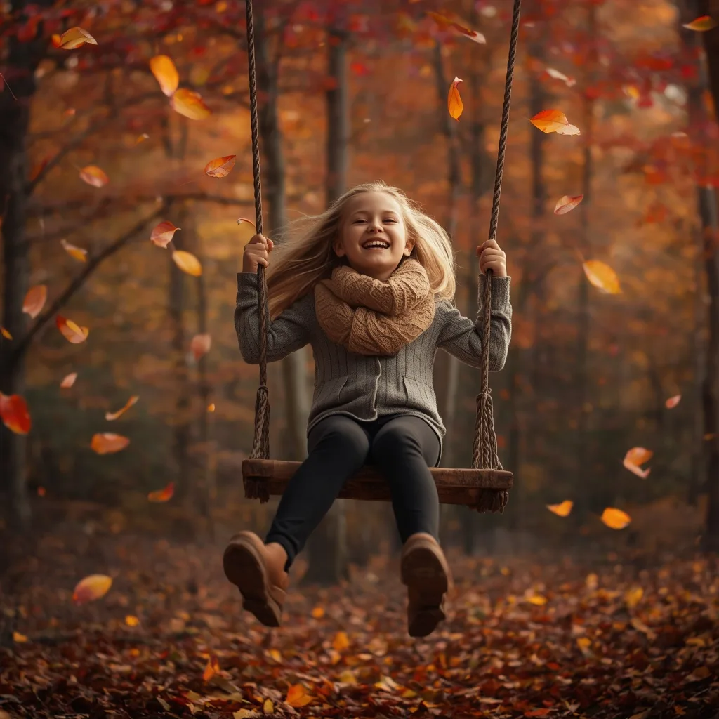 A Girl Laughing on a Swing in an Enchanted Autumn Forest – AI prompt example