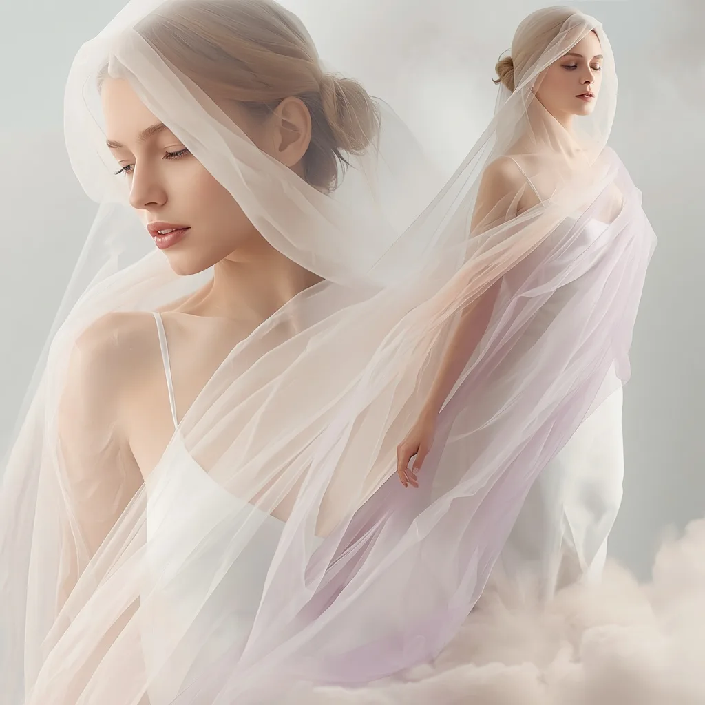 A Graceful Woman Veiled by Flowing, Translucent Fabric Layers – AI prompt example