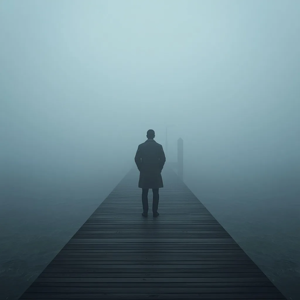 A Man's Contemplative Moment on a Foggy Ocean Pier – AI prompt example