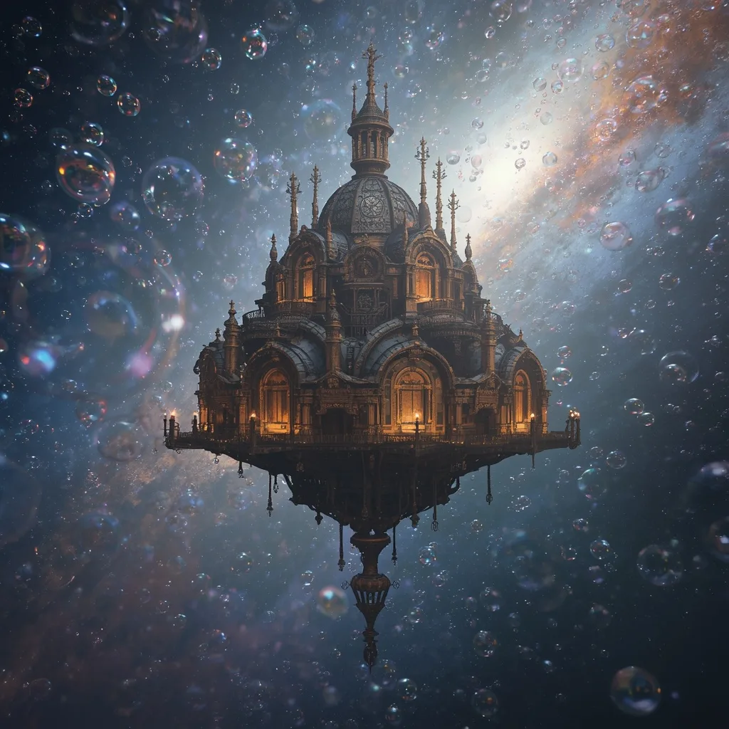 A Victorian Clockwork Nebula Floating in a Space of Iridescent Soap Bubbles – AI prompt example