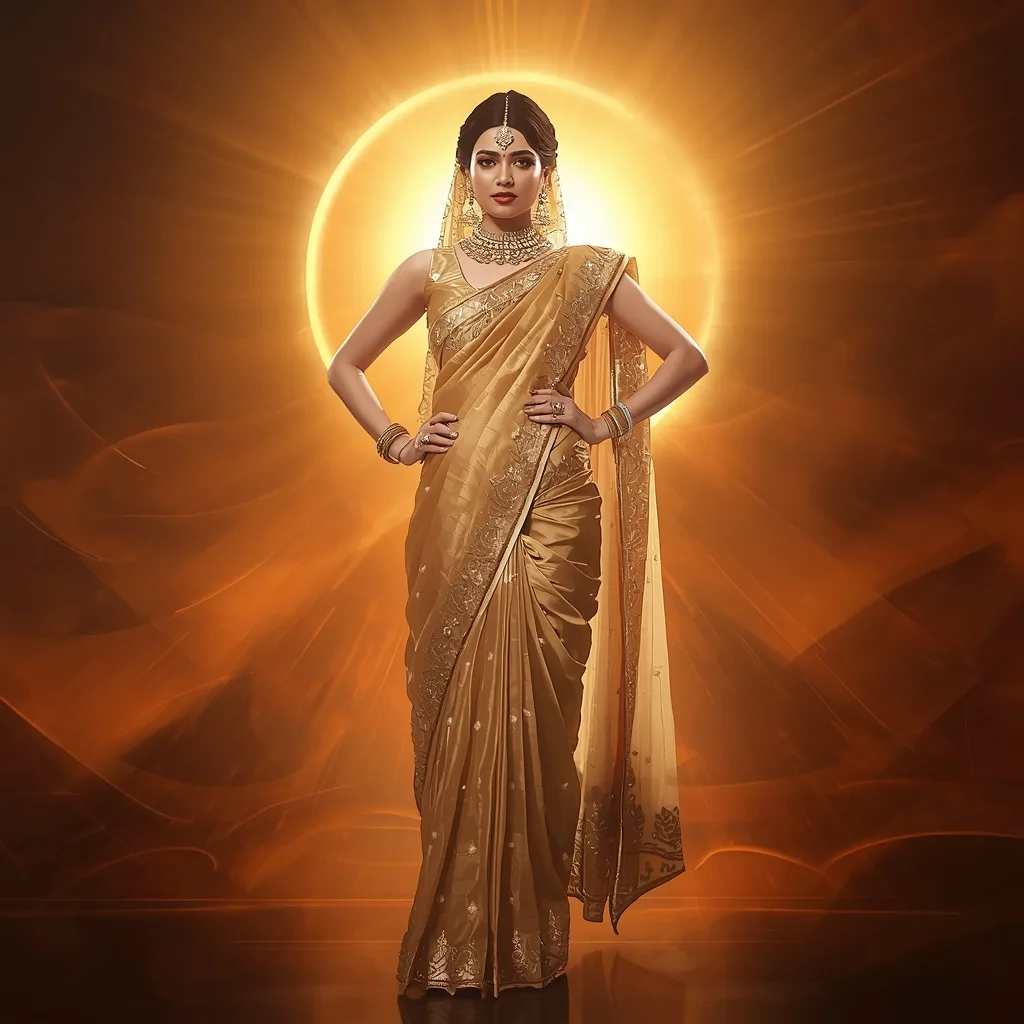 Antique Gold Sun Goddess Saree Pose with Sunflare Halo Glow Flow Background – AI prompt example