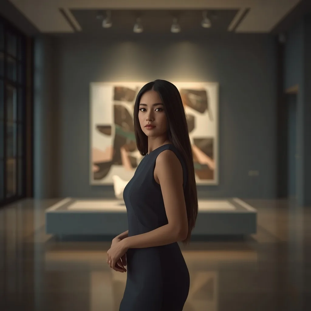 Beautiful Girl's Elegant Stance in a Modern Museum – AI prompt example