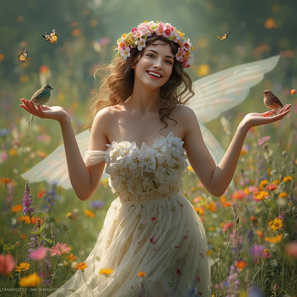 Beautiful Woman as a Spring Nymph Amidst Blooming Flowers – AI prompt example
