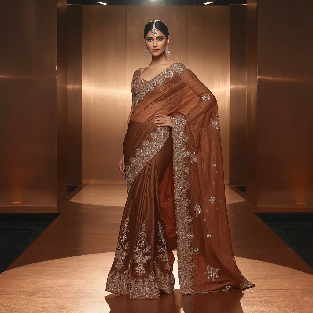 Bronze Metallic Designer Saree Look with Runway Style Pose – AI prompt example
