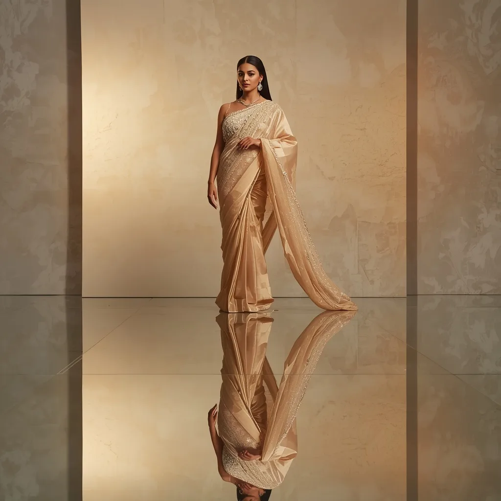 Champagne Gold Butterfly Saree Reflection Prompt for Luxury Festival Fashion Shoot – AI prompt example