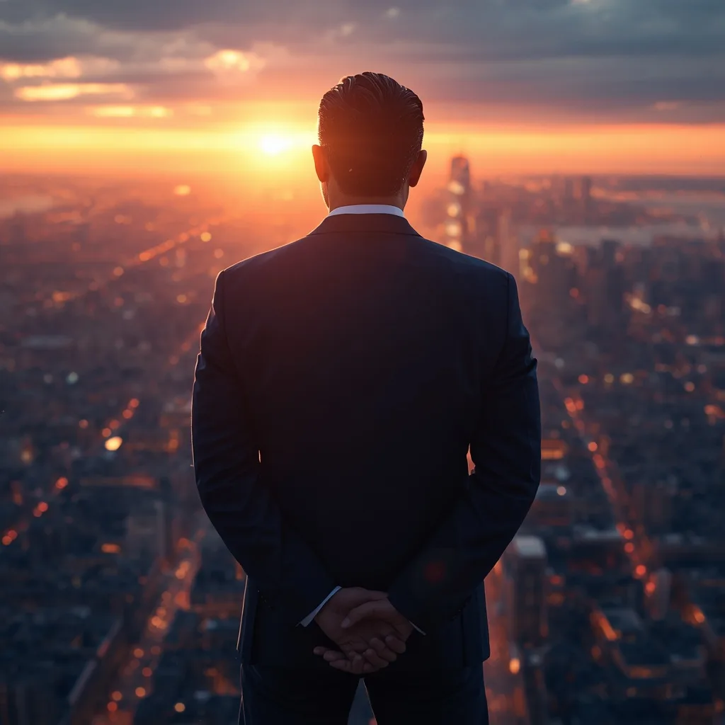 Confident Businessman Overlooking a Futuristic City Skyline – AI prompt example