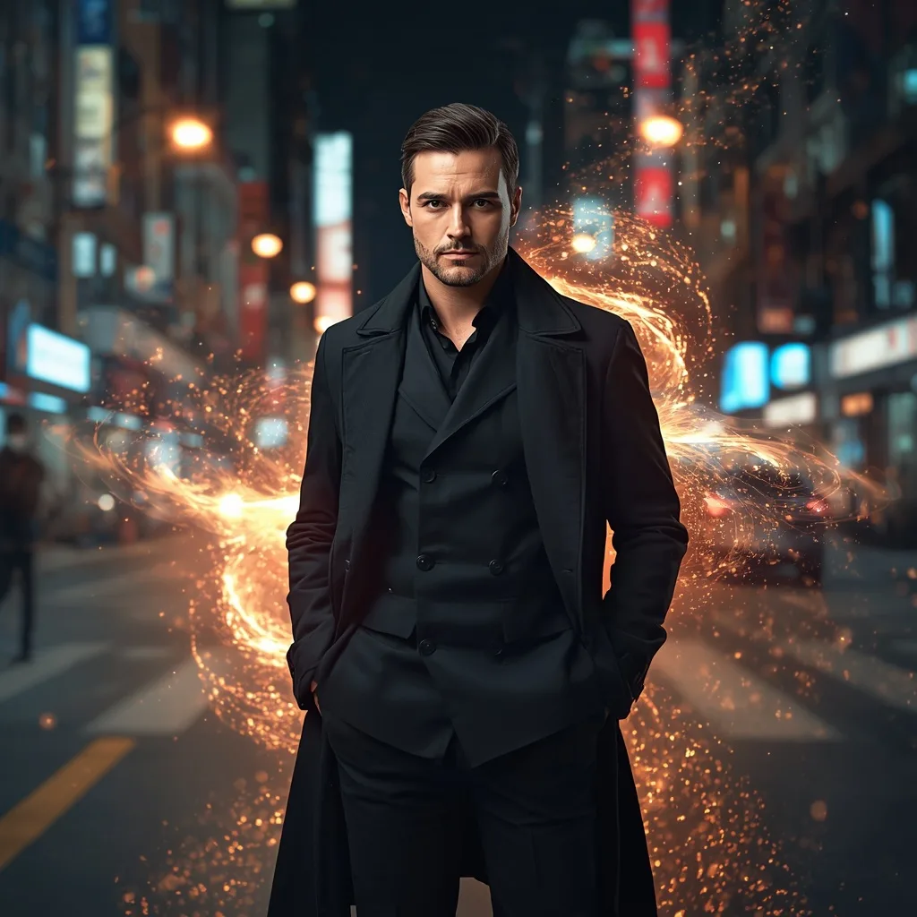 Confident Man in Urban Setting with Abstract Particle Streams – AI prompt example