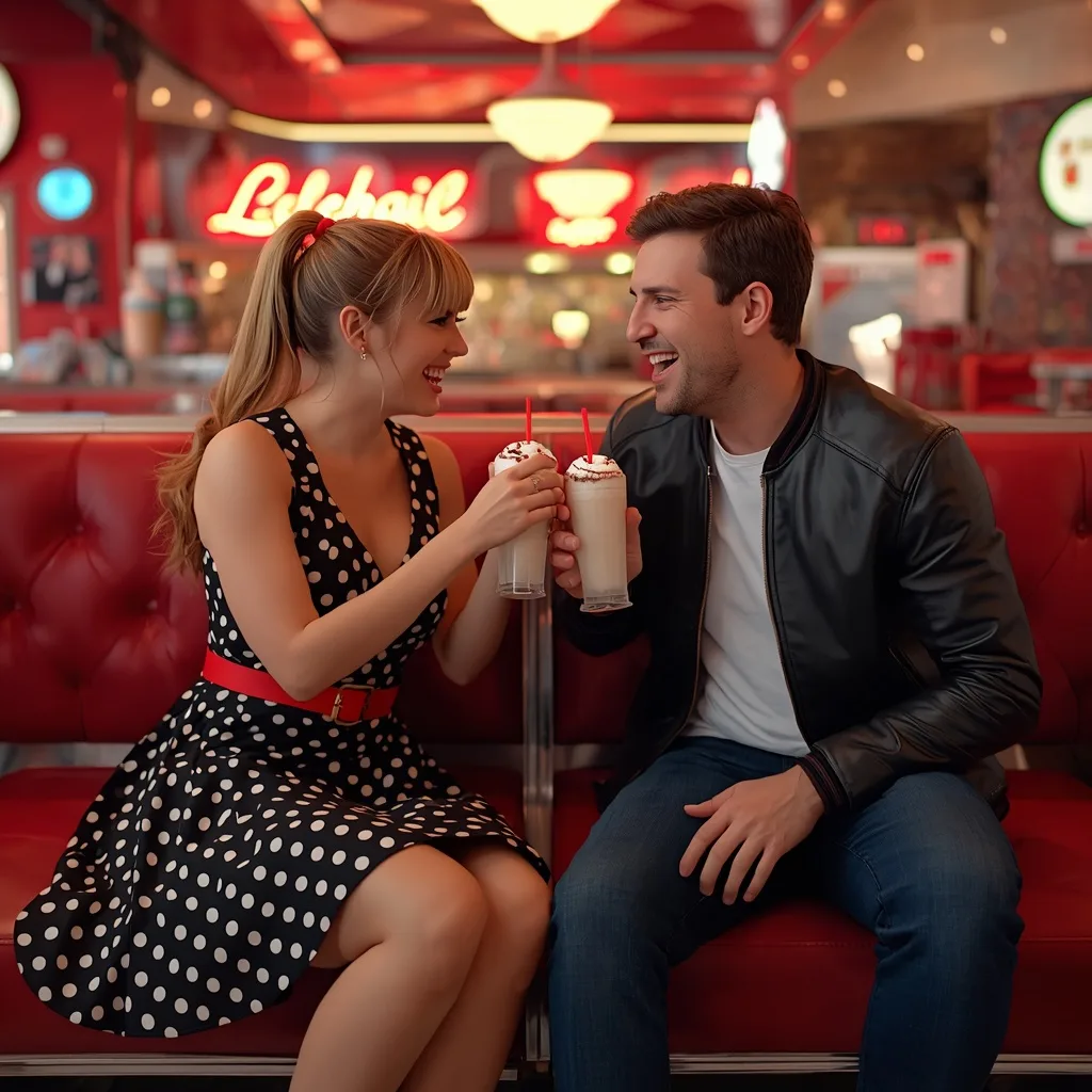Couple's Playful Romance in a Vintage Diner – prompts for beautiful women couple romance wedding — luxury editorial fashion & soft glam – AI generated example
