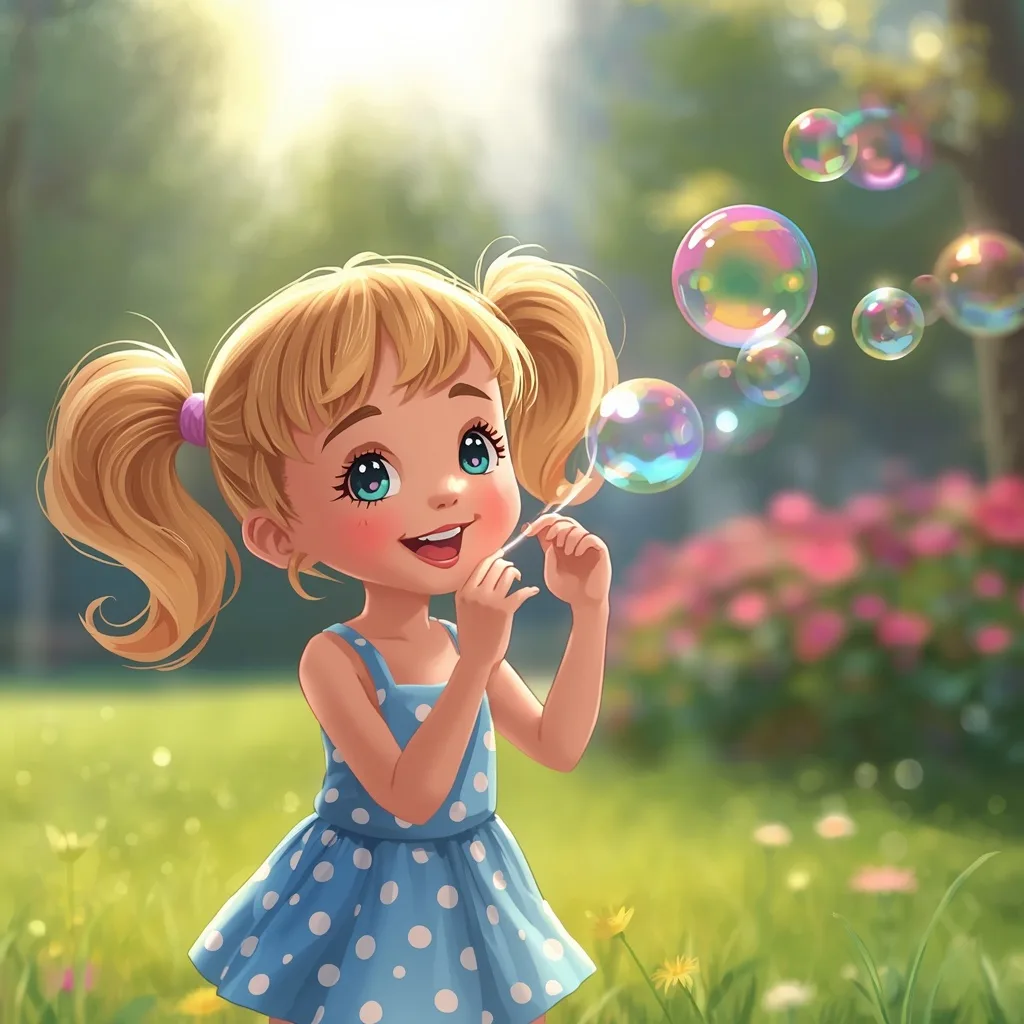 Cute Girl Blowing Bubbles in a Sunlit City Park – AI prompt example