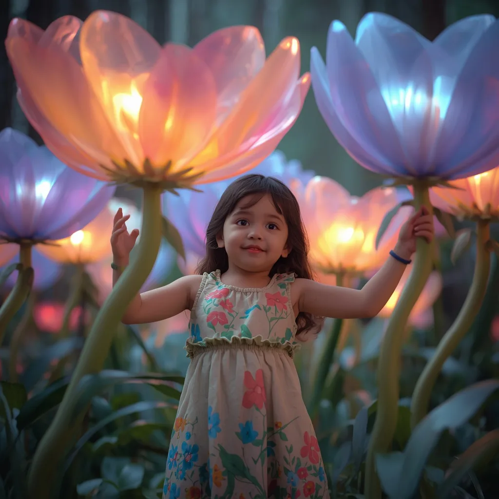 Cute Girl's Innocent Curiosity in a Forest of Giant Glowing Flowers – AI prompt example