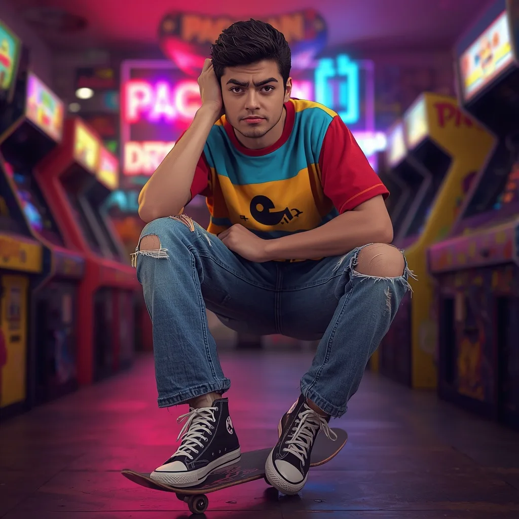 Cute Guy with Skateboard in a Retro Arcade – AI prompt example
