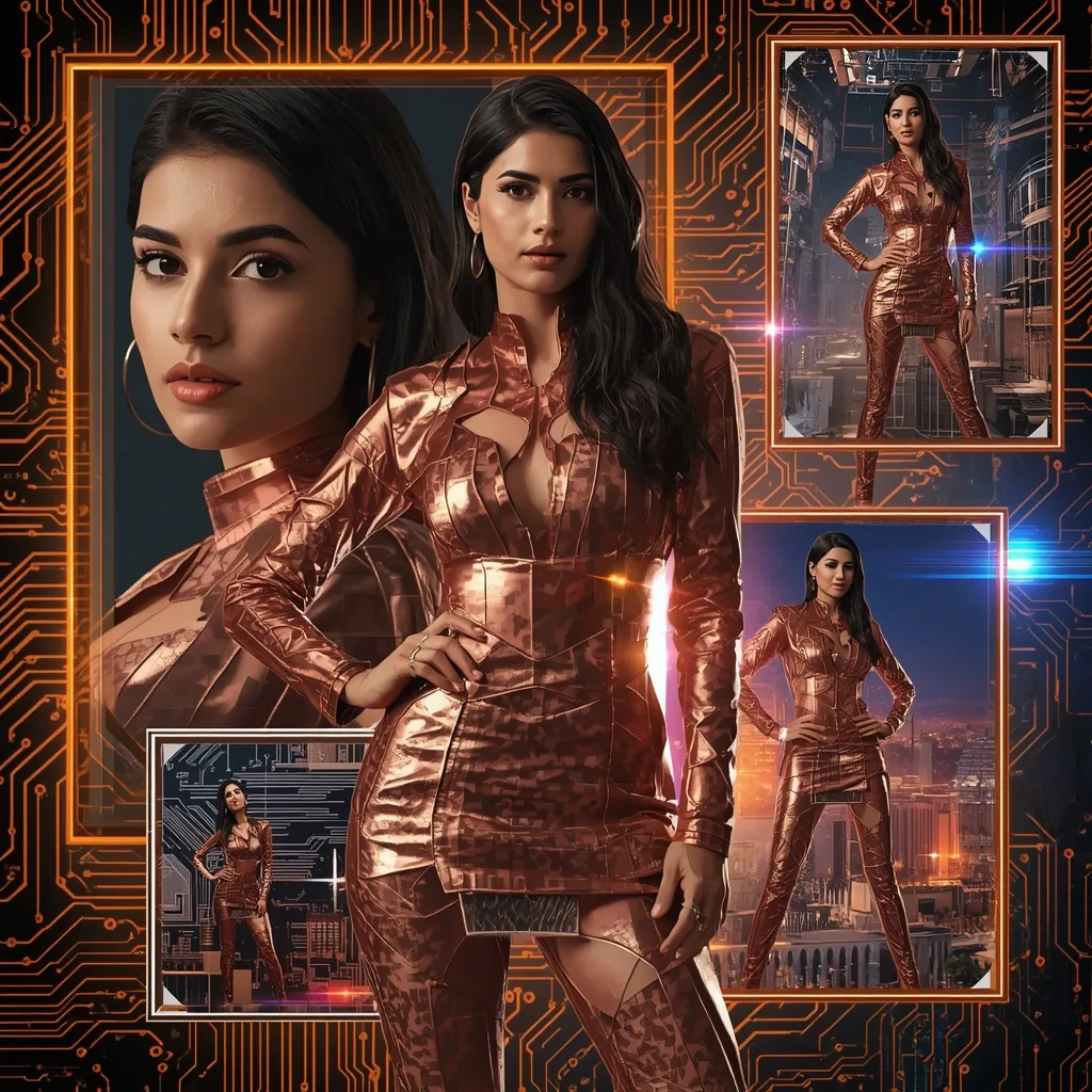 Cybernetic Circuit Board City Collage: Metallic Copper Sharara – ai image prompts for women golden hour outdoor — business portraits & office backgrounds 2026 — liquid pearl flow saree – AI generated example