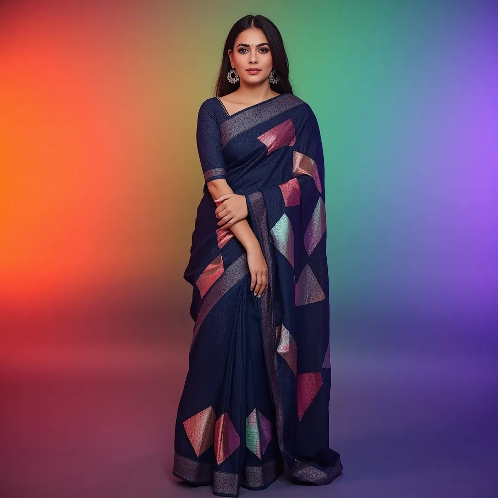 Dark Navy Denim Saree with Metallic Geometric Rivets – AI prompt example