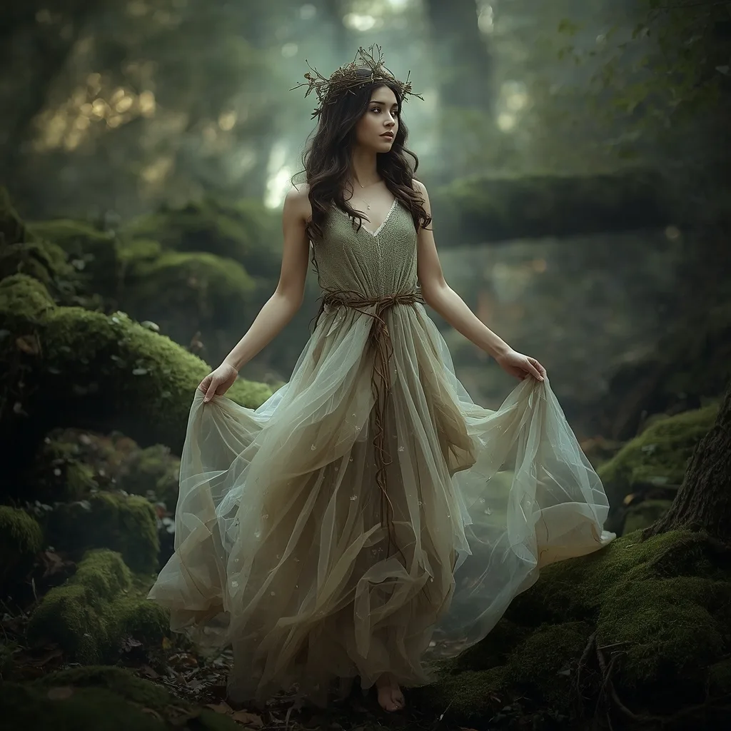 Dreamy Forest Nymph: A Whimsical Flowing Gown – AI prompt example