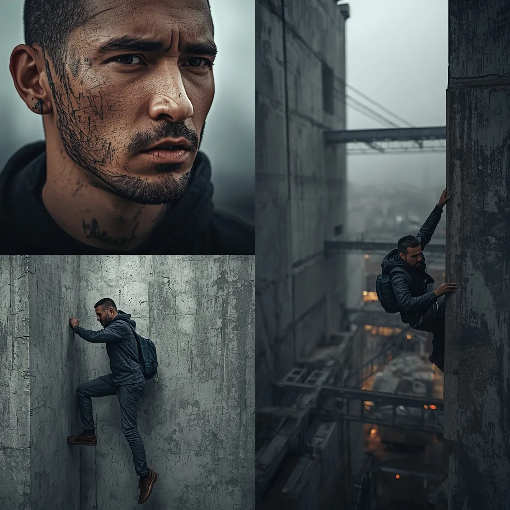 Dynamic Male Urban Explorer in Concrete Jungle Collage – AI prompt example