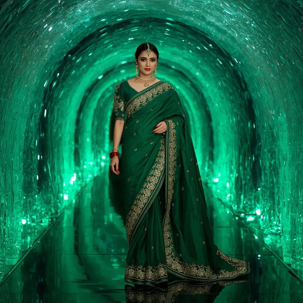Emerald Crystal Tunnel Saree Pose with Modern Glow Texture – AI prompt example