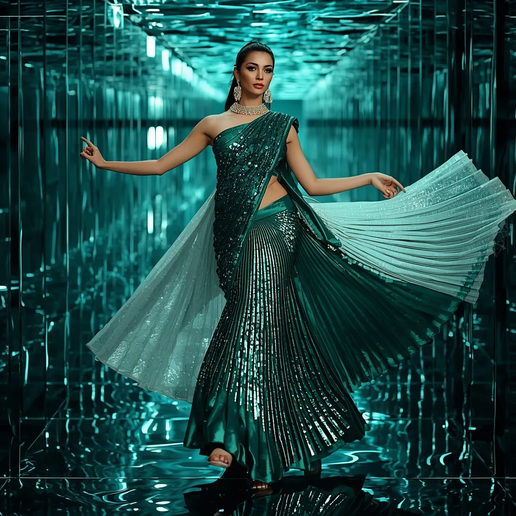 Emerald Frost Royale Saree with Infinity Prism Water Tunnel – AI prompt example