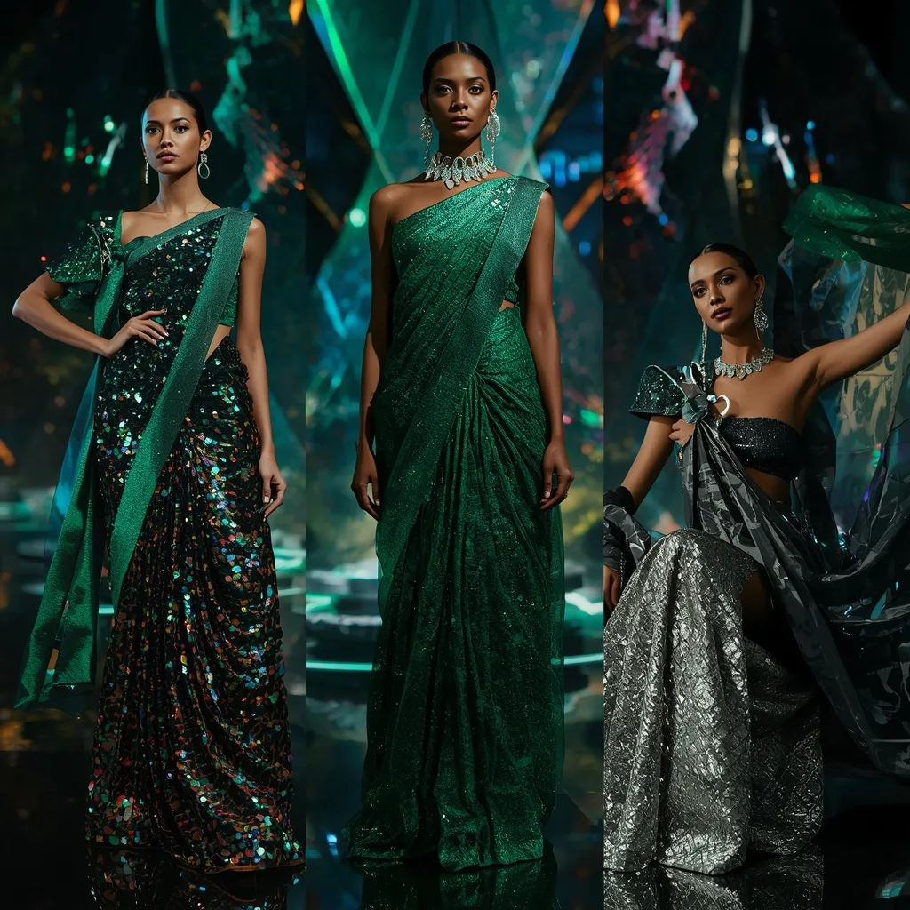 Emerald Quantum Flame Saree with Floating Infinity Prism Sanctuary – AI prompt example