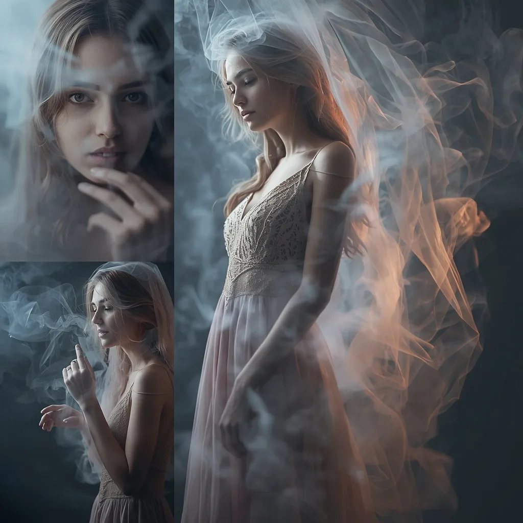 Ethereal Smoke Veil Collage of a Serene Woman – AI prompt example