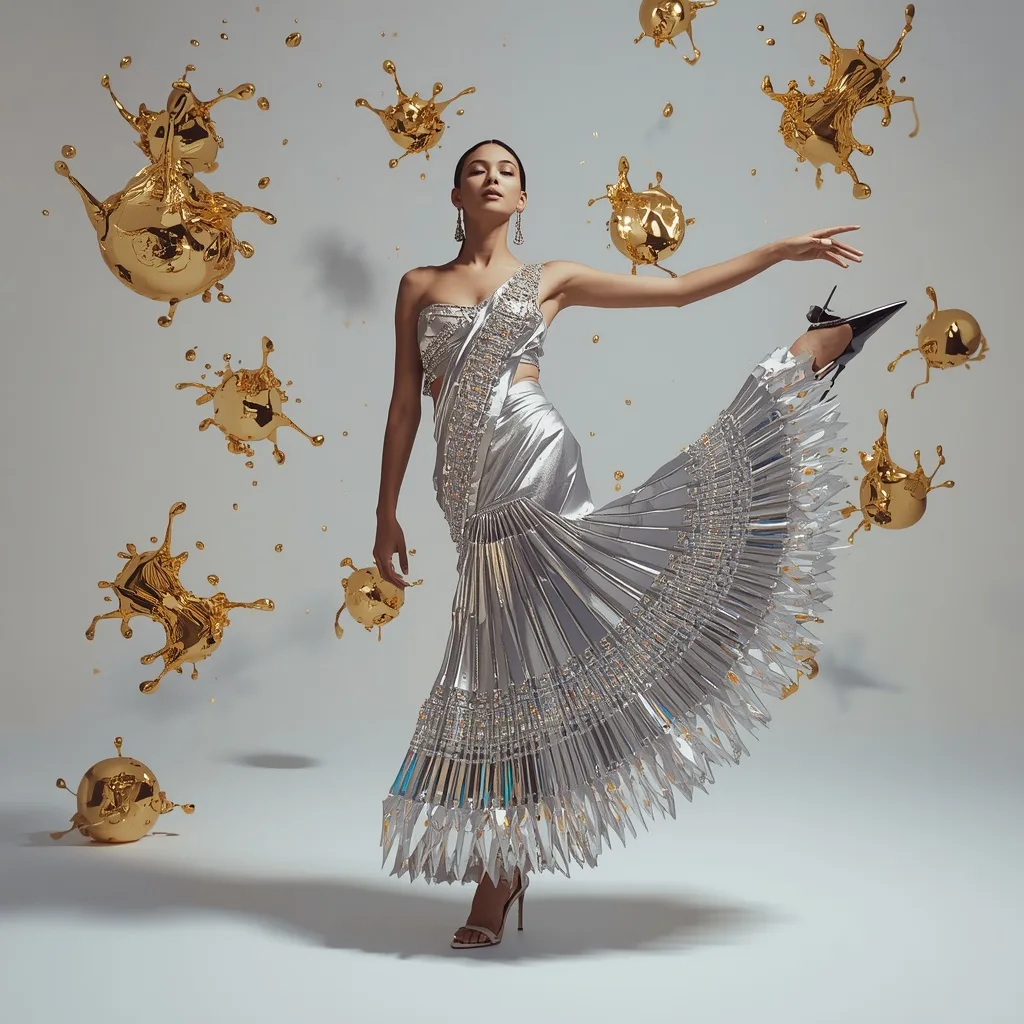 Extreme 3D Glass Shard Saree: Platinum Silver | The Pointed Heel Hem Lift Pose | Floating Molten Gold Splashes – AI prompt example