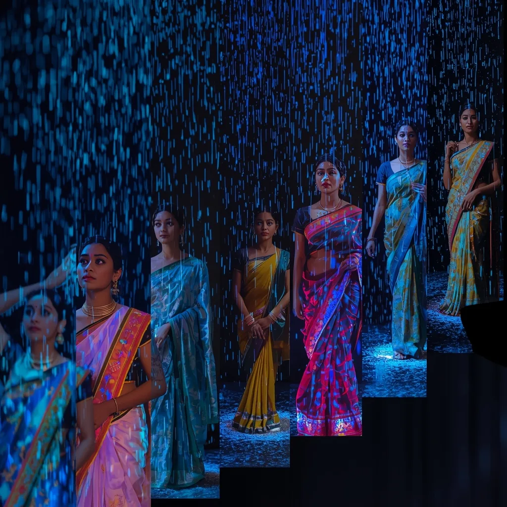 Festive Fancy Saree Bioluminescent Watercolor Rain 5-Frame Stepped Collage Cinematic – AI prompt example