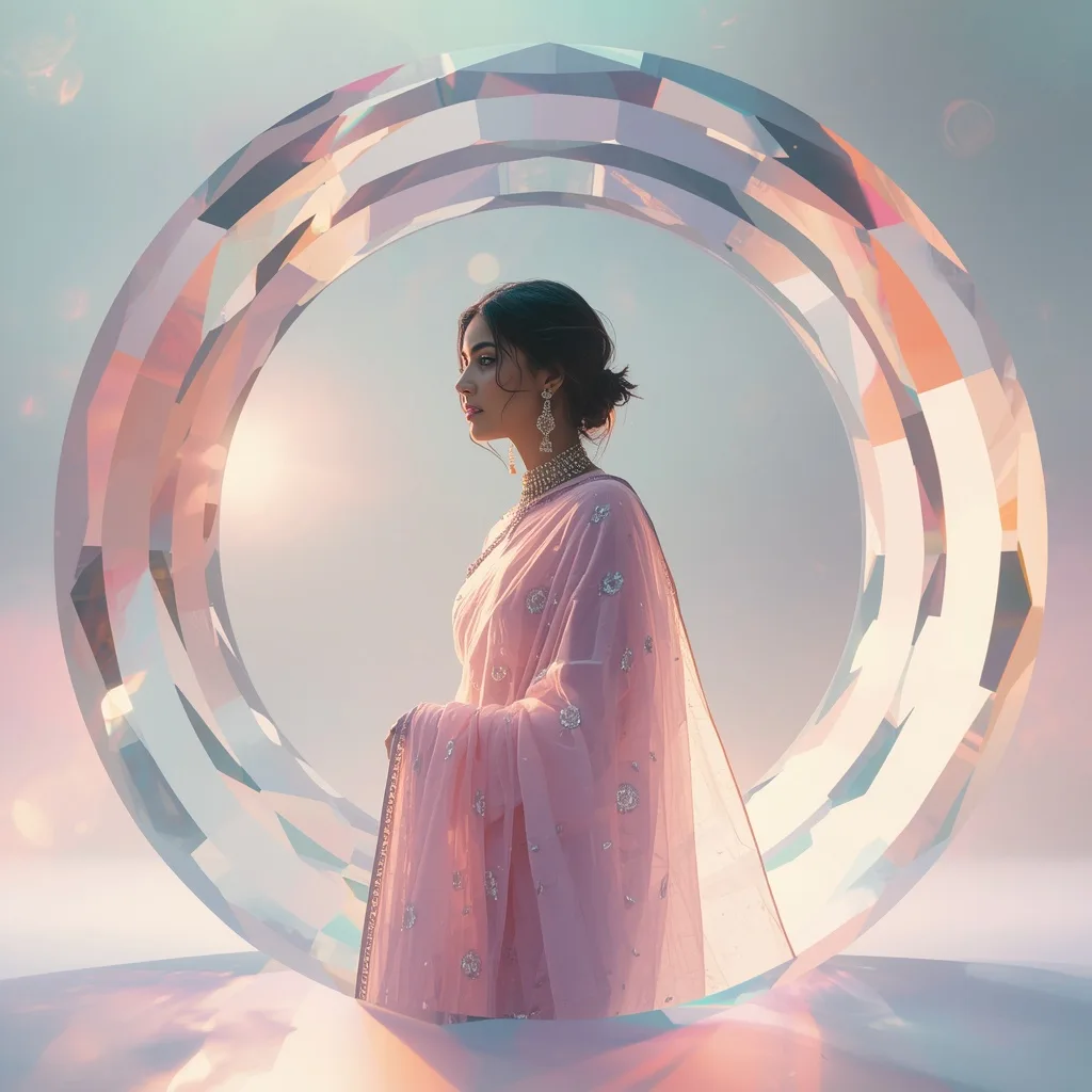 Festive Pastel Saree Crystal Refraction Halo Chamber Collage – AI prompt example