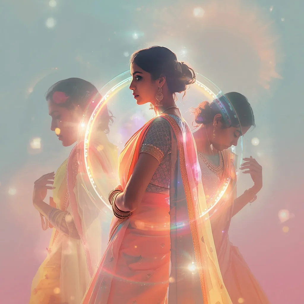 Festive Pastel Saree Digital Aura Rings Collage Modern Cinematic – AI prompt example