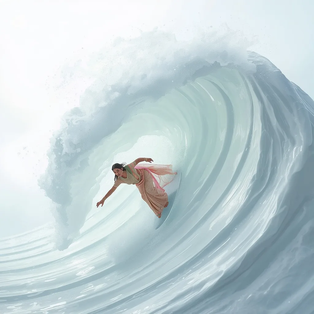Festive Pastel Saree Frozen White Paint Surfing | High-Key Liquid Action – AI prompt example