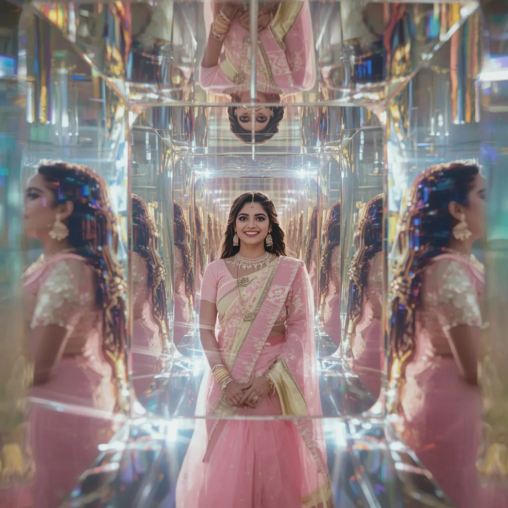 Festive Pastel Saree Infinite Light Refraction Tunnel Collage Cinematic Aesthetic – AI prompt example