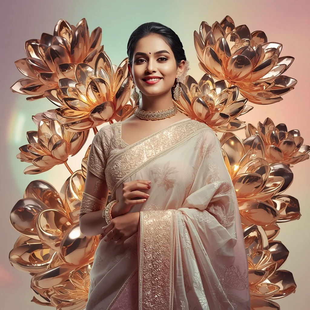 Festive Pastel Saree Kinetic Mercury Lotus Bloom Collage | Fluid Metallic Artistry – AI prompt example