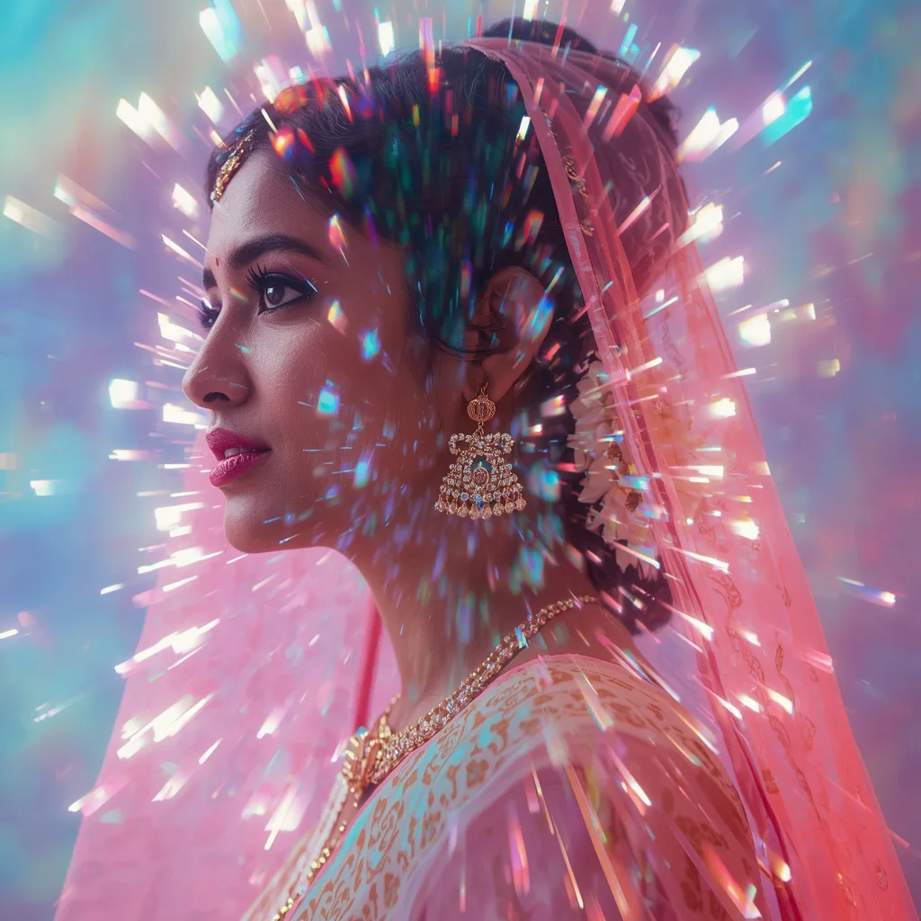 Festive Pastel Saree Neon Pulse Distortion Aurora Prism Matrix Collage Modern Cinematic – AI prompt example