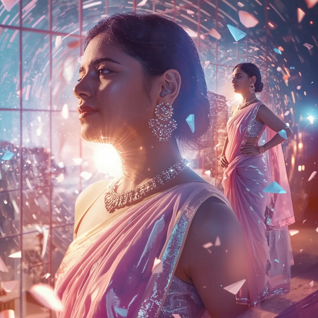 Festive Pastel Saree Quantum Magnetic Grid Tornado Collage | Hyper Futuristic Prompt – AI prompt example