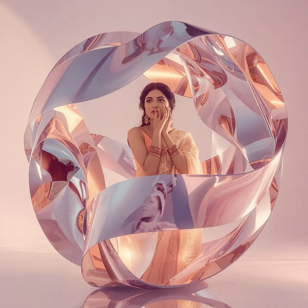 Festive Pastel Saree Reflective Ribbon Wave Sphere Collage Luxury – AI prompt example
