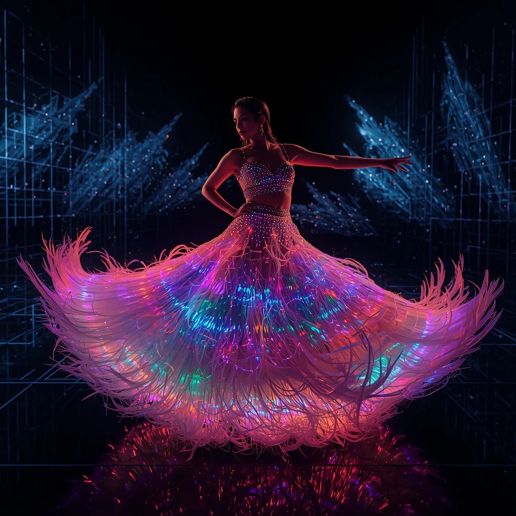 Fiber Optic Feather Lehenga: Luminous Plumage and Dynamic Flare – ai image prompts for women golden hour outdoor — business portraits & office backgrounds 2026 — liquid pearl flow saree – AI generated example