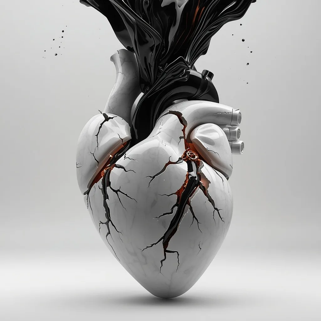 Floating Liquid-Obsidian Ribbons Piercing a Pulsing Mechanical Heart of White Marble – AI prompt example
