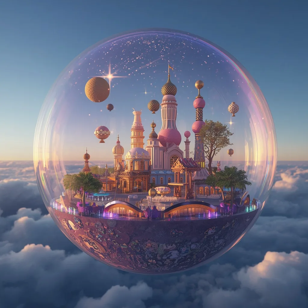 Floating Luxury Food Planet Hidden Inside Giant Transparent Soap Bubble – AI prompt example
