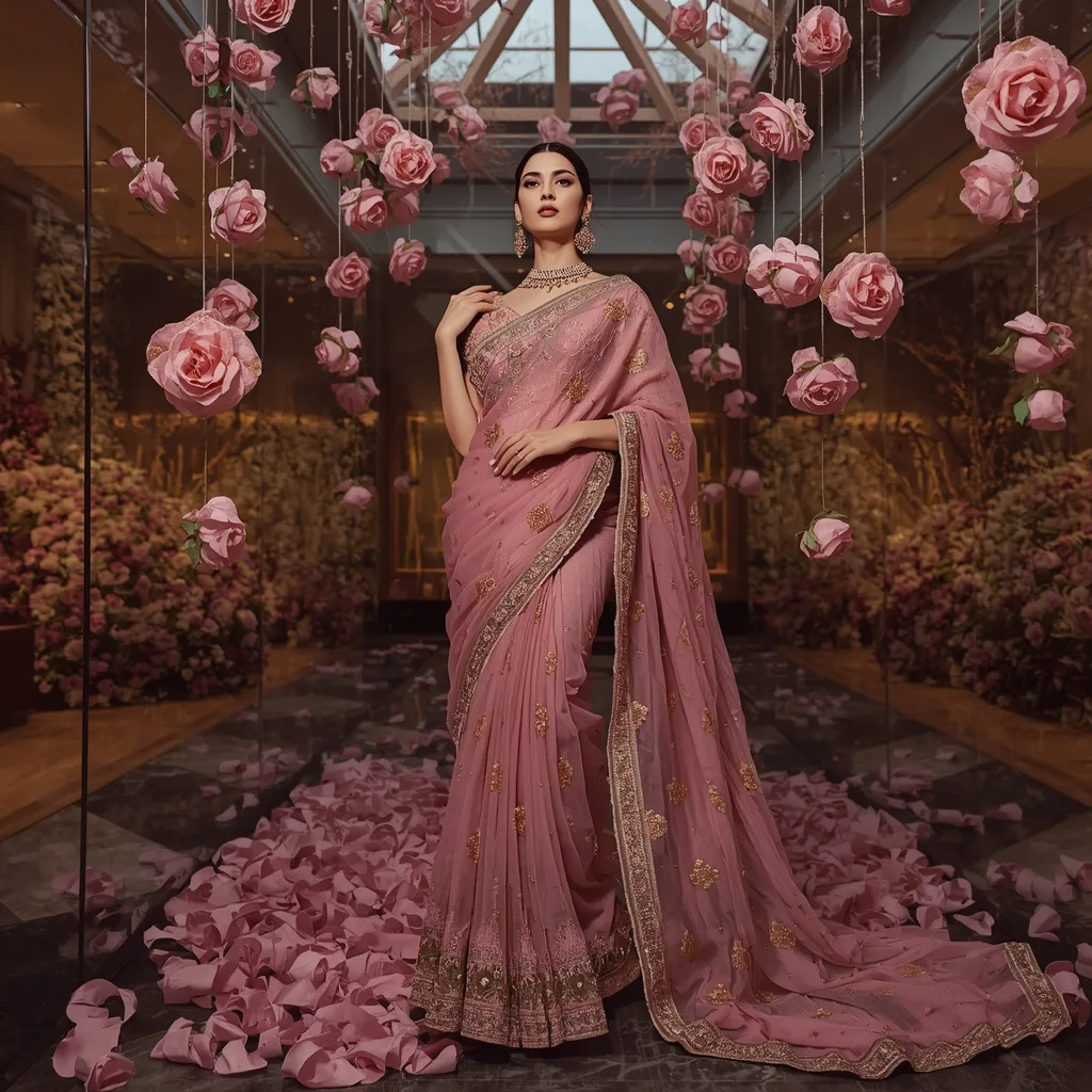 Floating Rose Crystal Saree with Luxury Floral Gallery – AI prompt example