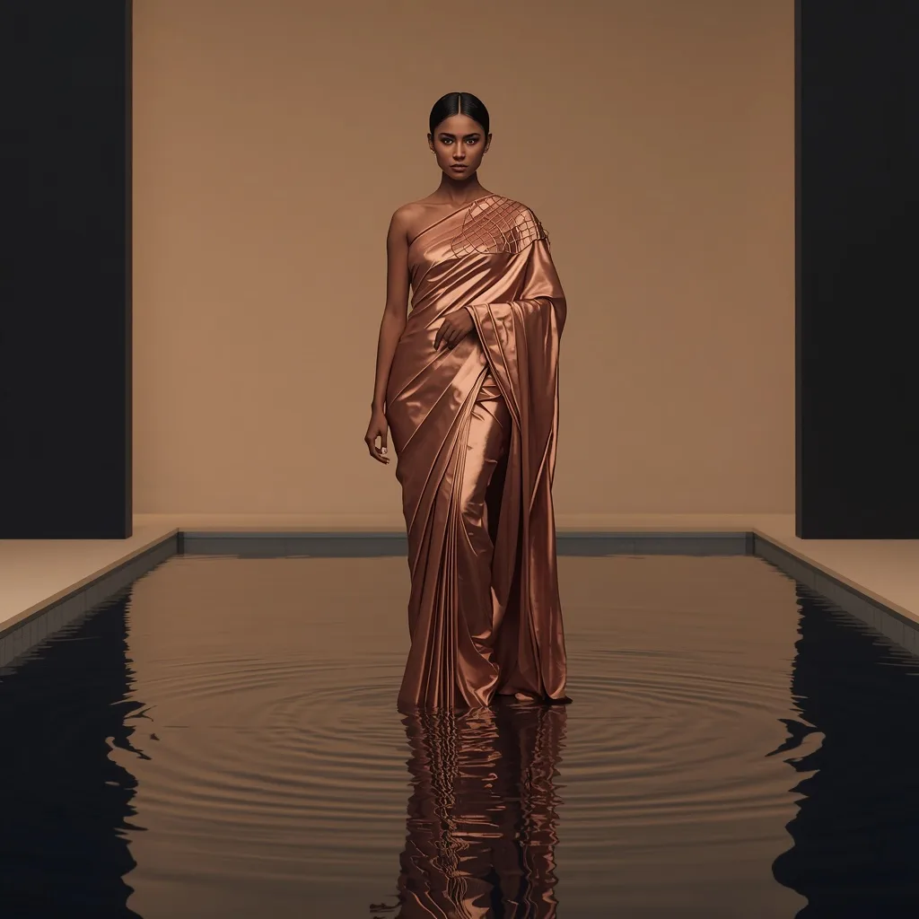 Full Body Liquid Chrome Pool Reflection in Copper Wireframe Saree – AI prompt example