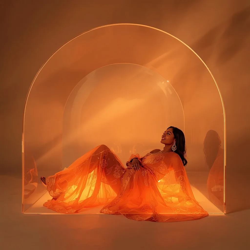 Full Body Transparent Lounge Arch in Sunset Glow-Mesh Saree – AI prompt example
