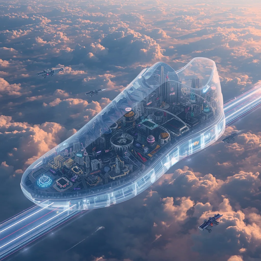 Giant Floating Luxury Sneaker Megacity Racing Across Neon Cloud Highways – AI prompt example