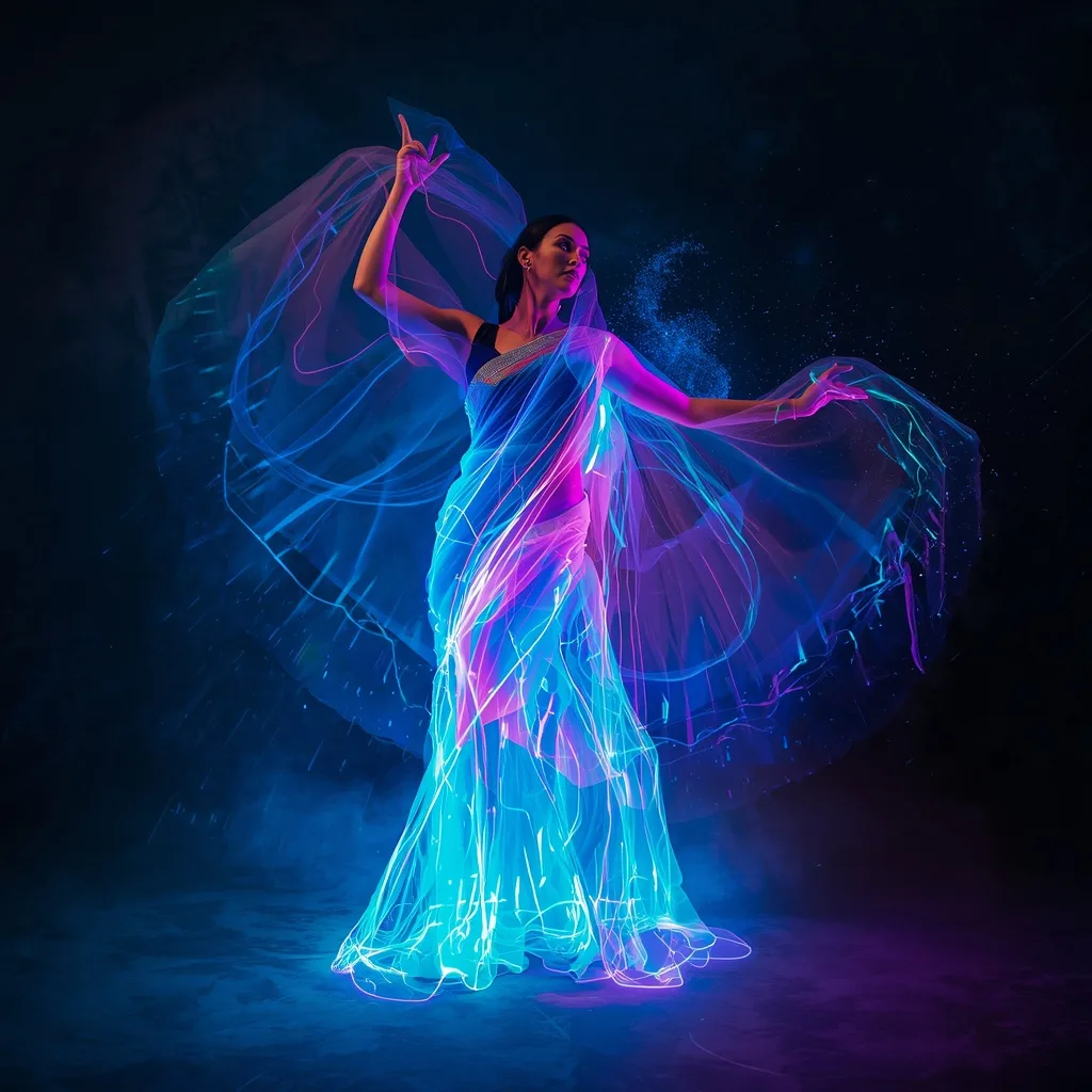 Glowing Energy Field Saree with Pulsating Light Forms – AI prompt example