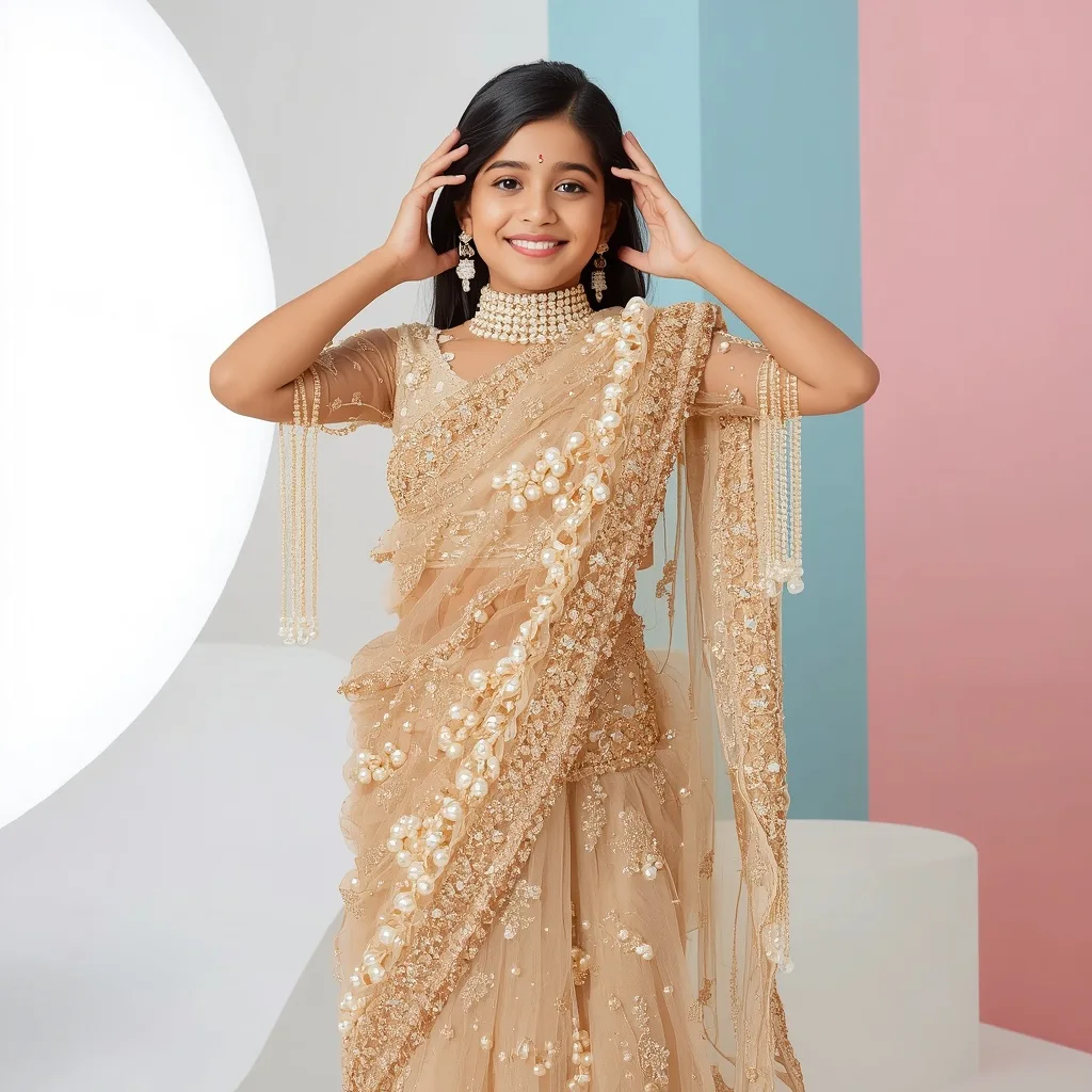 Golden Beige Net Saree with Massive 3D Pearl Clusters – AI prompt example