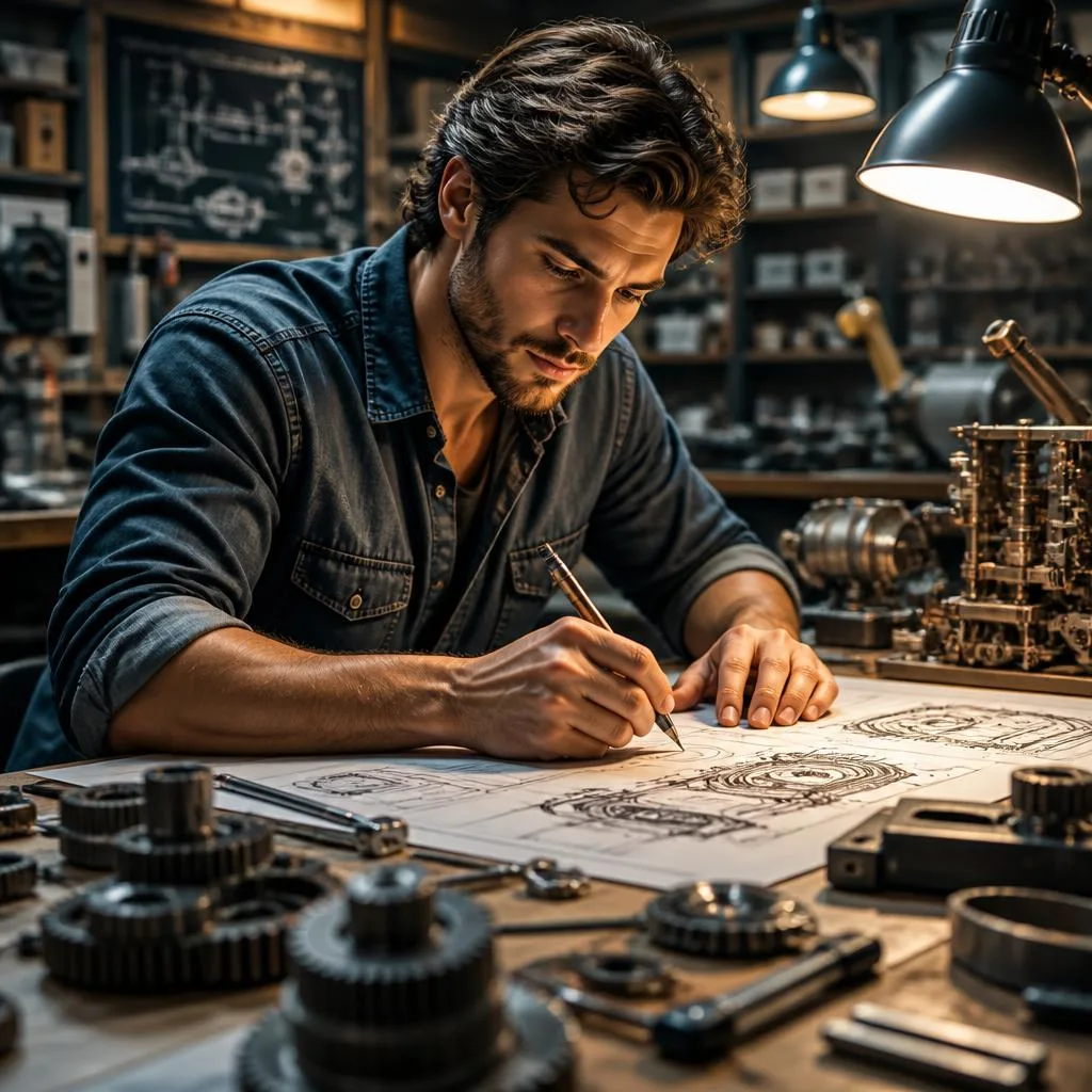 Handsome Male Engineer Sketching Blueprints in a Workshop – AI prompt example