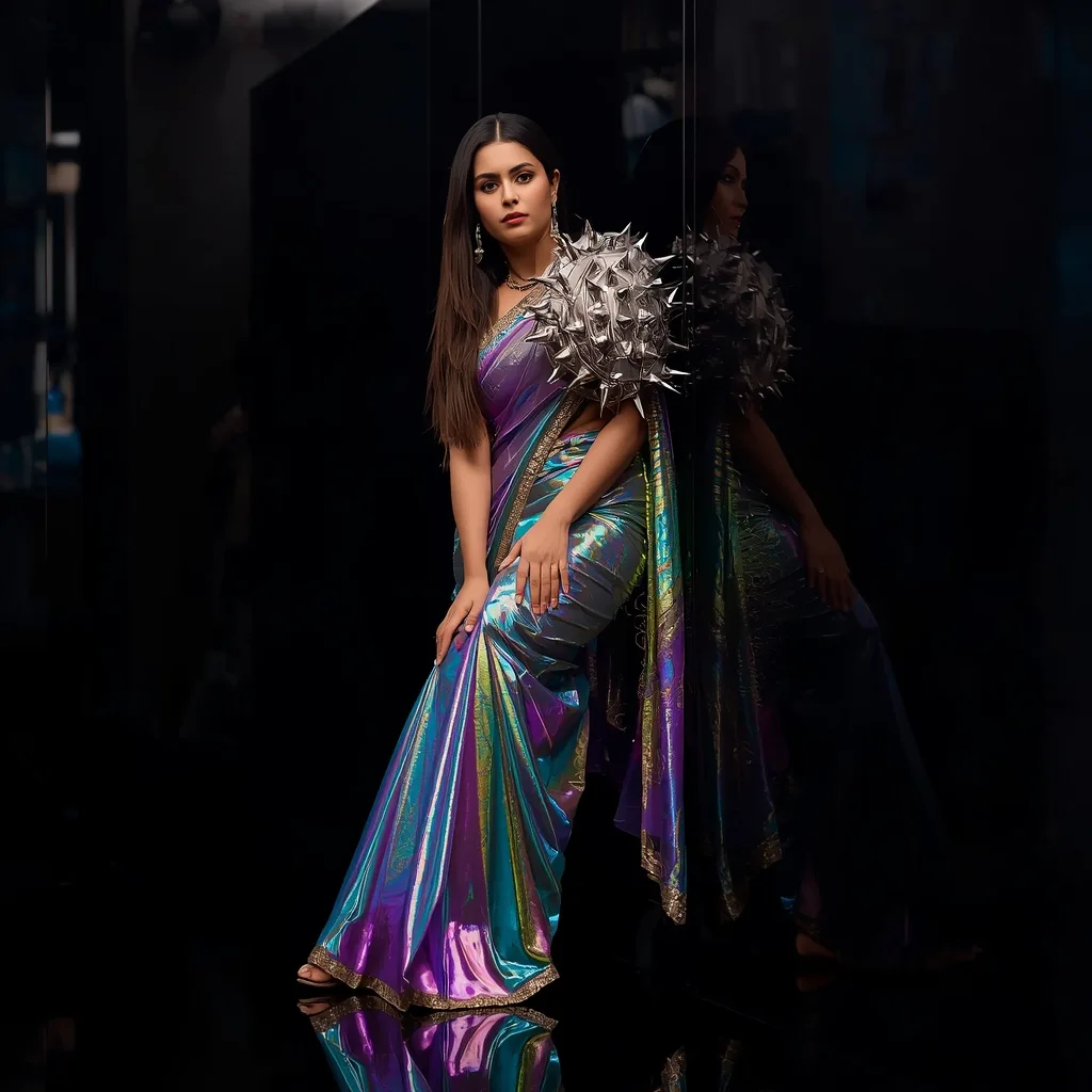 Holographic Vinyl Sheet & 3D Printed Chrome Thorns Iridescent Saree | Edgy Wall Lean Pose – AI prompt example