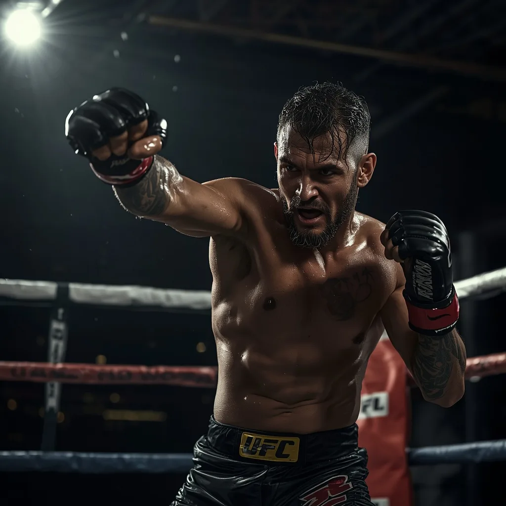 Intense Male MMA Fighter Training in a Boxing Ring – AI prompt example