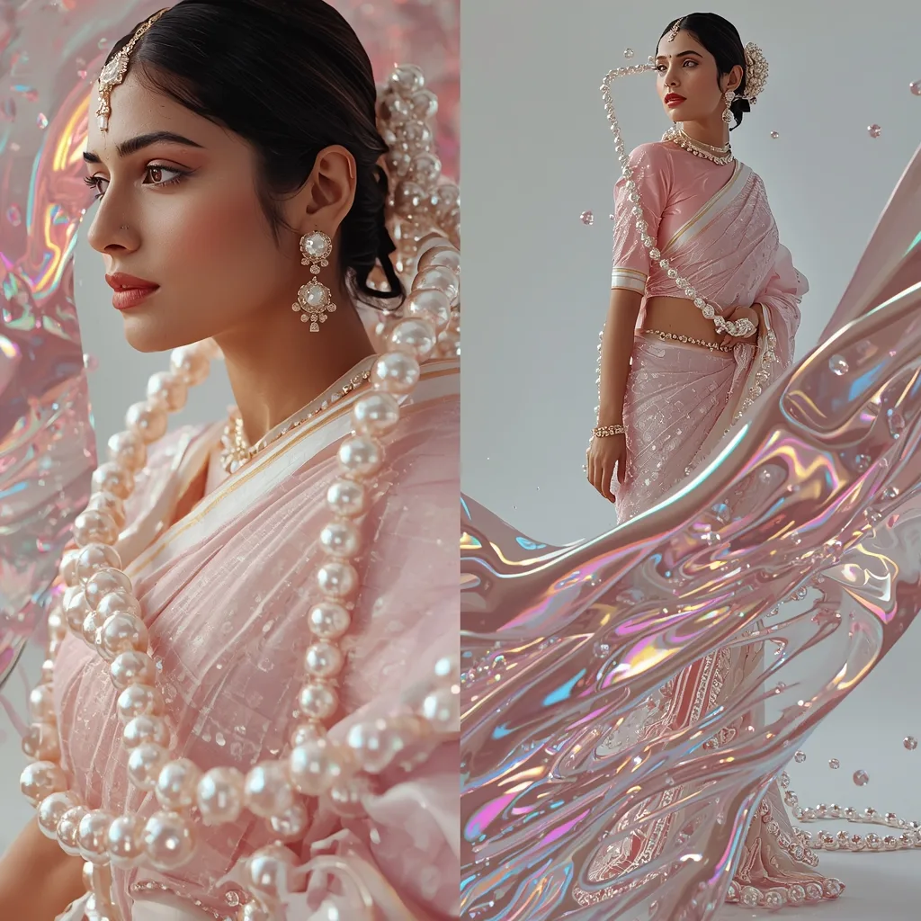 Liquid Pearl Flow Saree Prompt with Molten Reflection Glow – AI prompt example