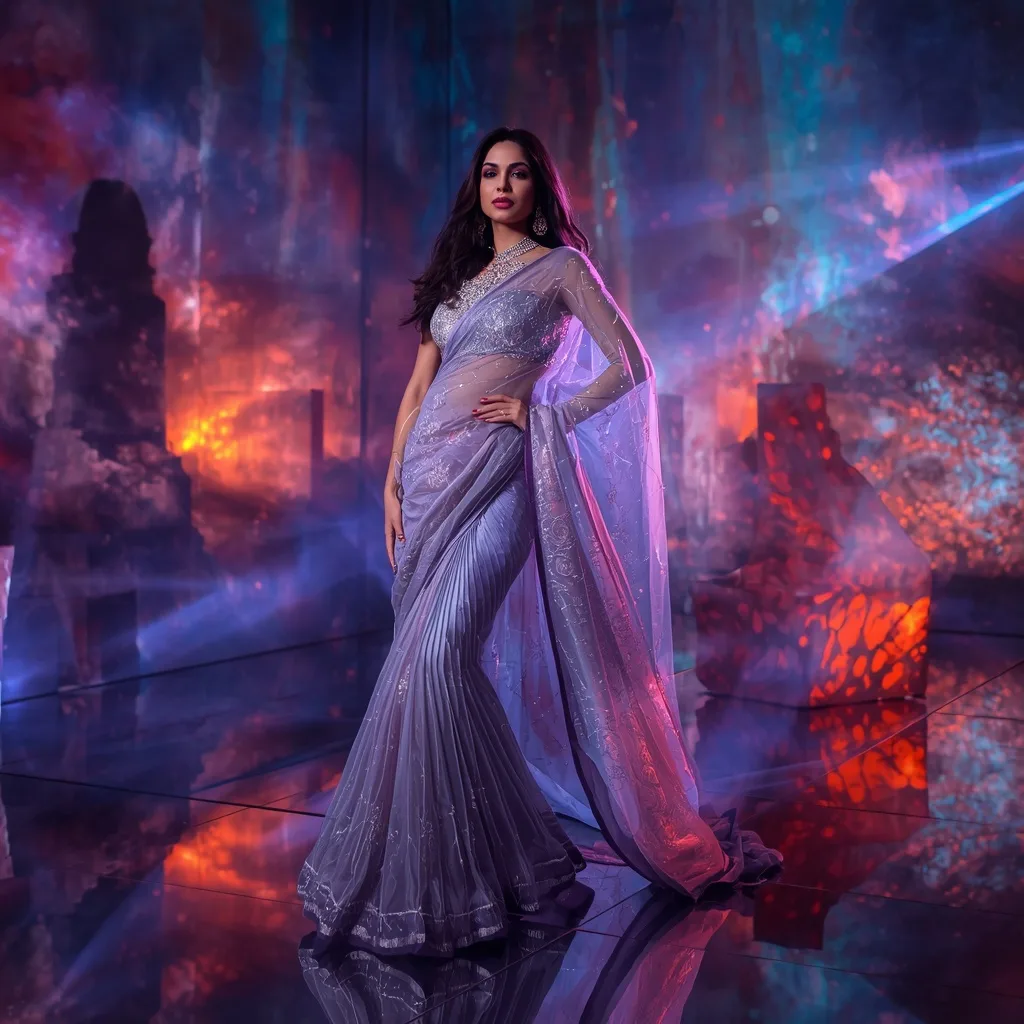 Luxury Aurora Crystal Nebula Saree Pose with Futuristic Prism Background Design – AI prompt example